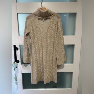 Boston Proper Beige Cable Knit Turtleneck Sweater Dress